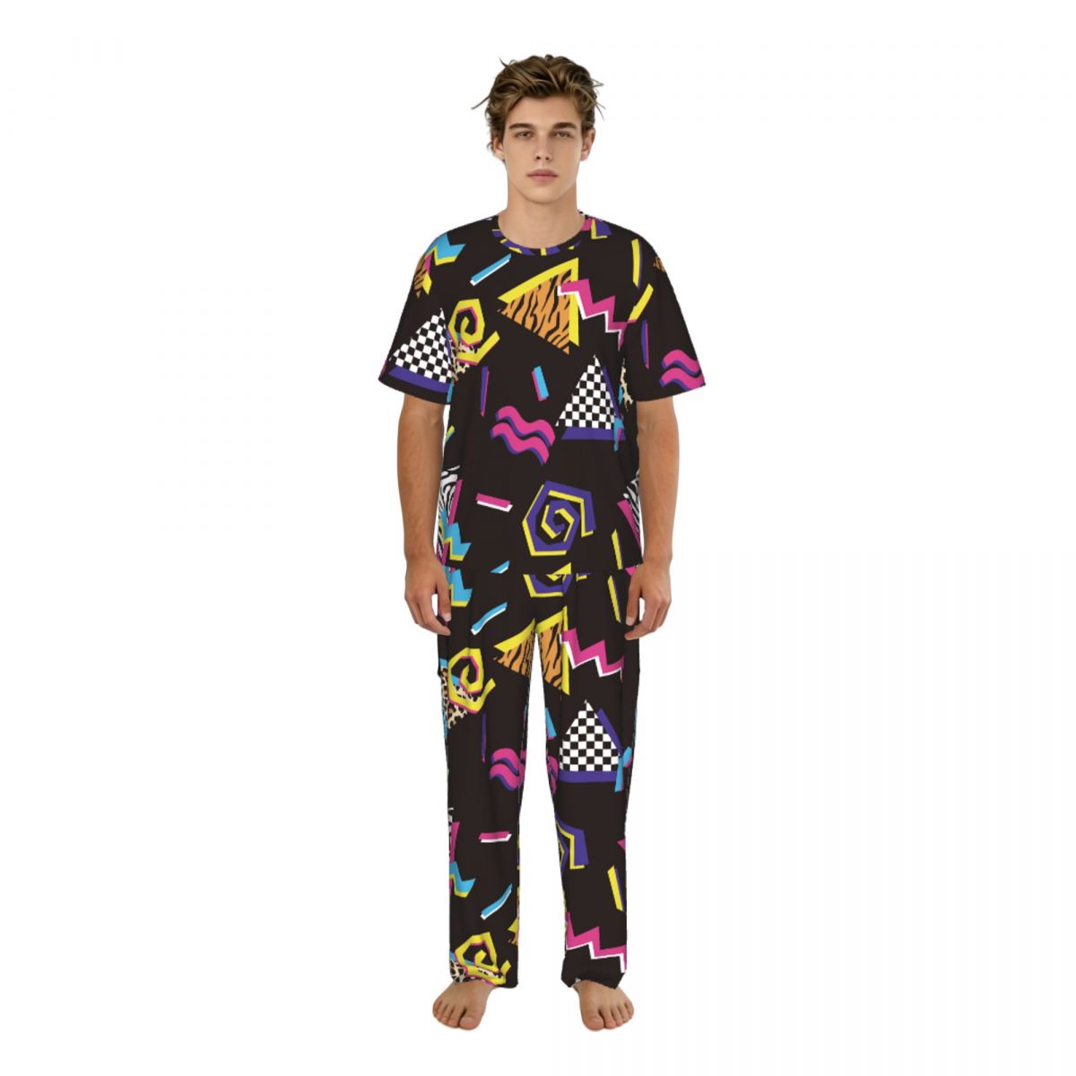 Summer Clothing Styles Men - Herren-Pyjama-Anzug, kurzärmelig, lange Hosen, abstrakte Formen