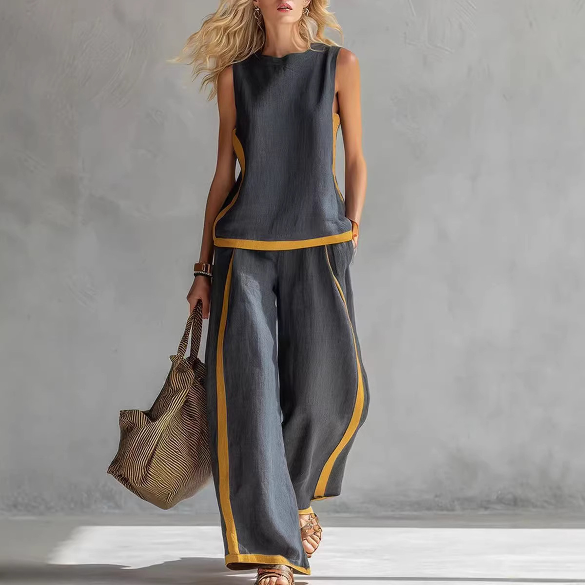 Summer Linen Clothing For Women - Damen Leinen 2-Teiliges Set Farbblock Ärmelloses