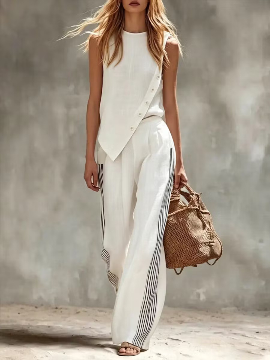 Summer Linen Clothing For Women - Seitlich Geknöpftes Unregelmäßiges Ärmelloses Leinen 2-Teiliges