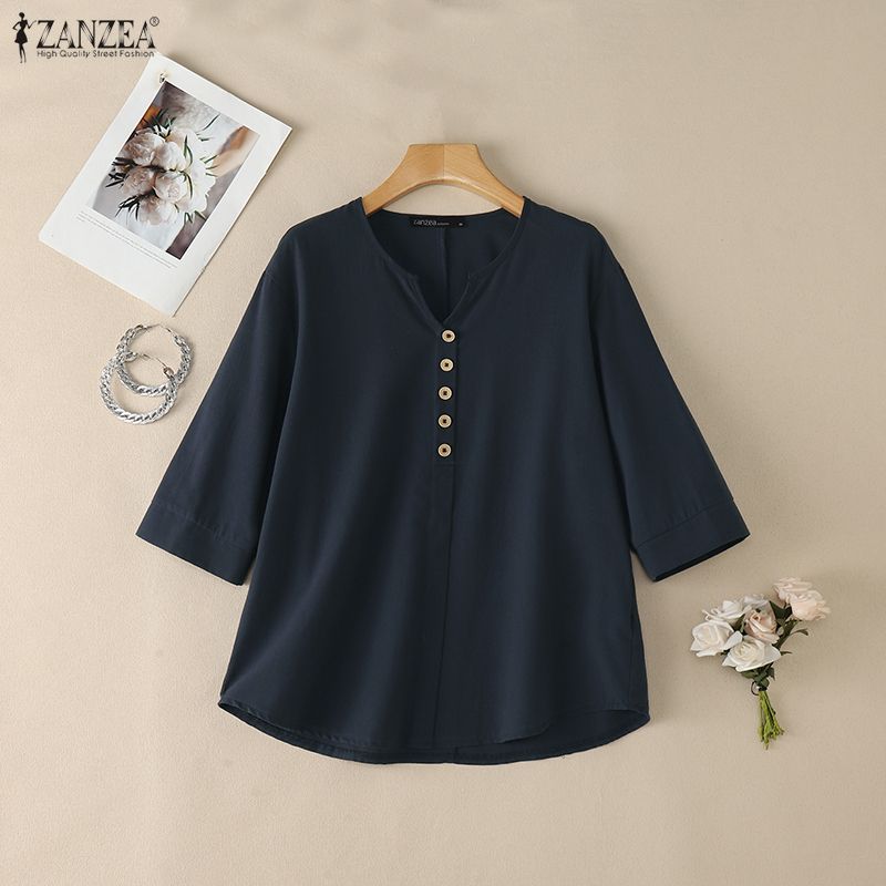 Summer Linen Clothing For Women - Damen-Blusen aus Baumwolle und Leinen, V-Ausschnitt,