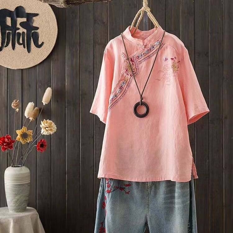 Summer Linen Clothing For Women - National Wind Plate Buckle besticktes Hemd