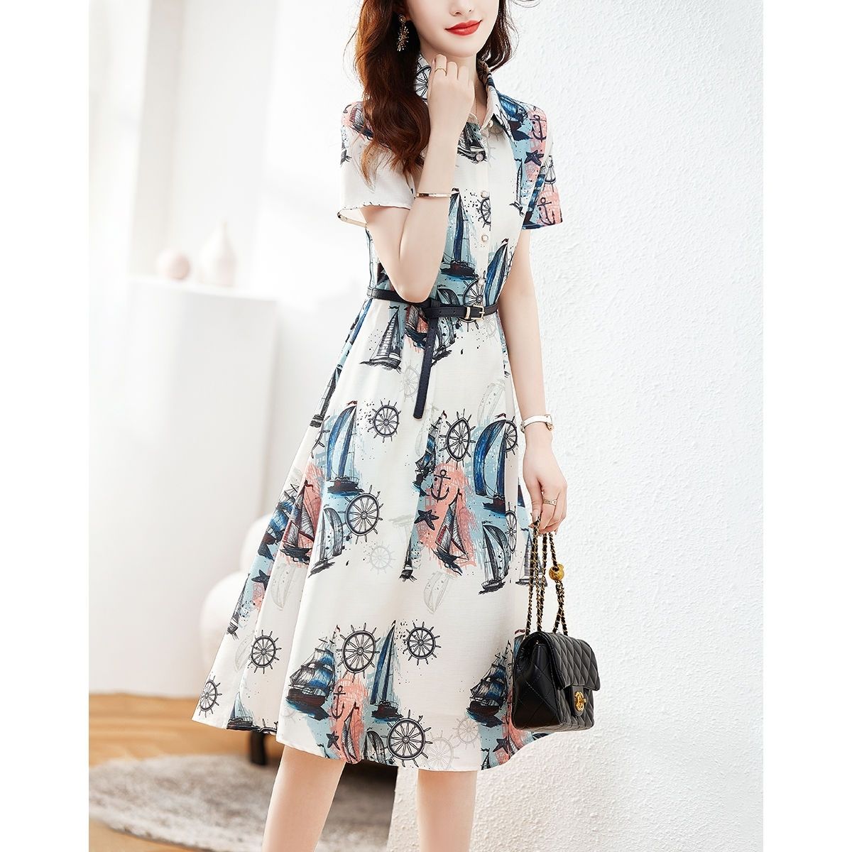 Summer Clothing H&M - Mode Damen elegante Polo-Ausschnitt gedruckt Midi-Kleid