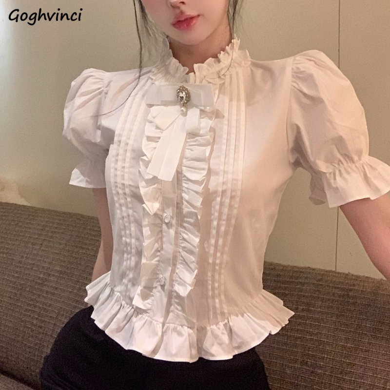 Summer Linen Clothing For Women - Puff Sleeve Shirts Frauen Weiß Rüschen